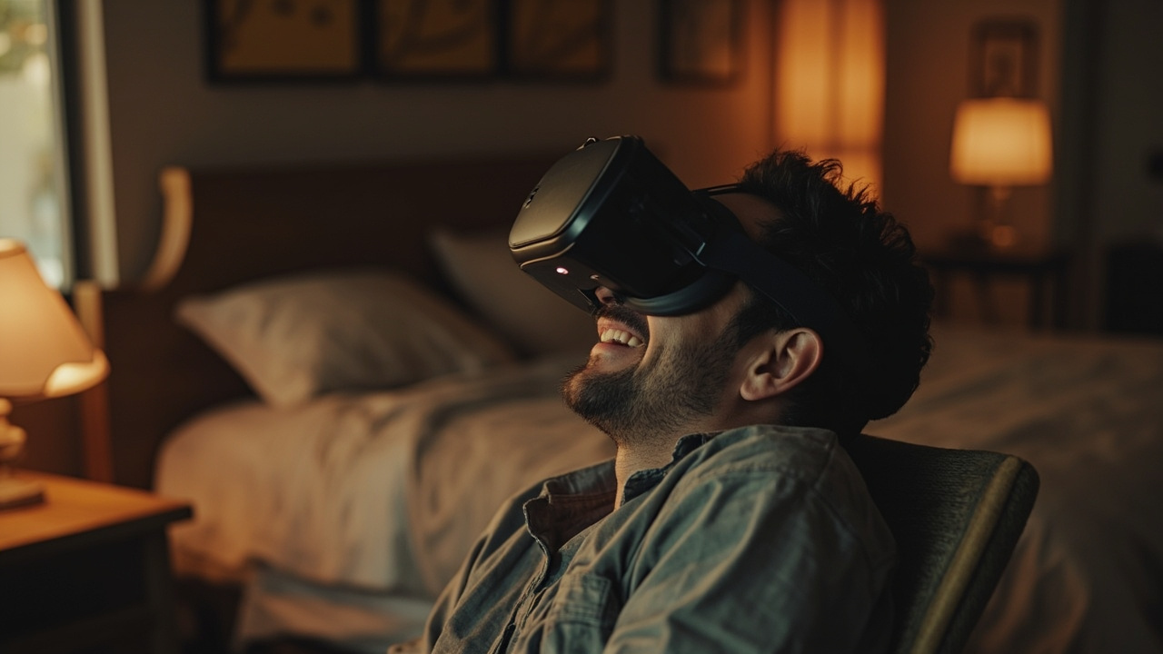 Man wearing VR headset engaged with adult VR content