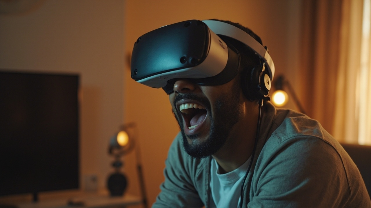 Man wearing VR headset with trans VR porn scene visible on screen