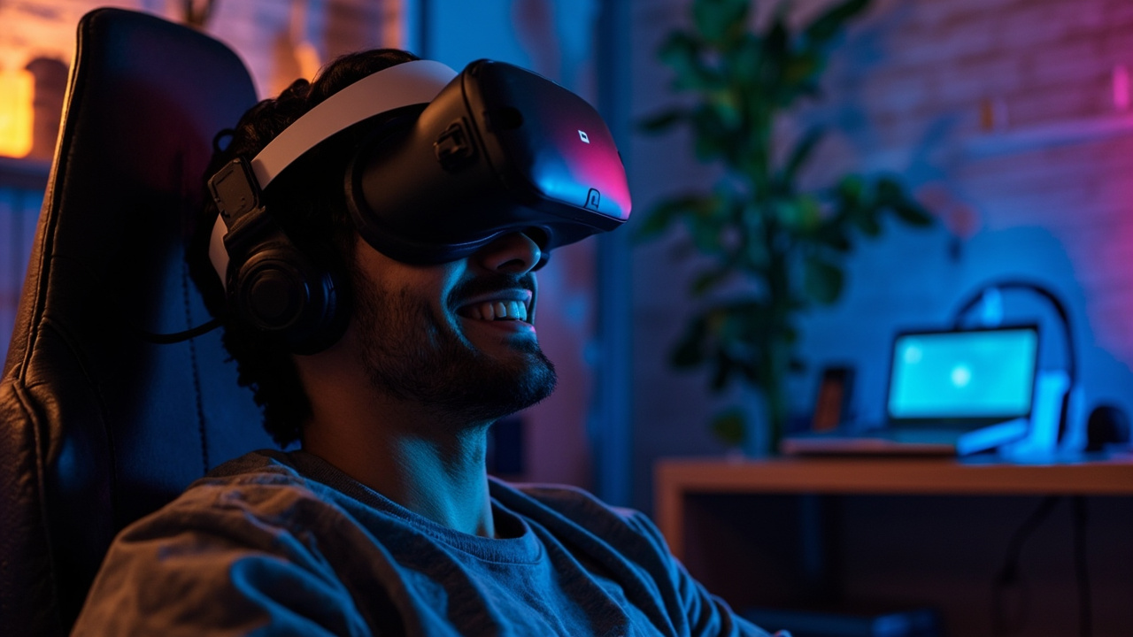 Latino man watching trans VR porn content through VR headset