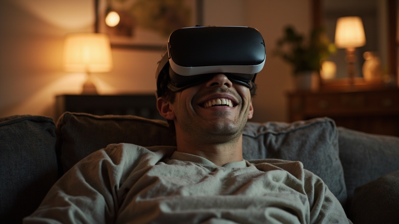 Man immersed in trans VR porn experience wearing VR headset